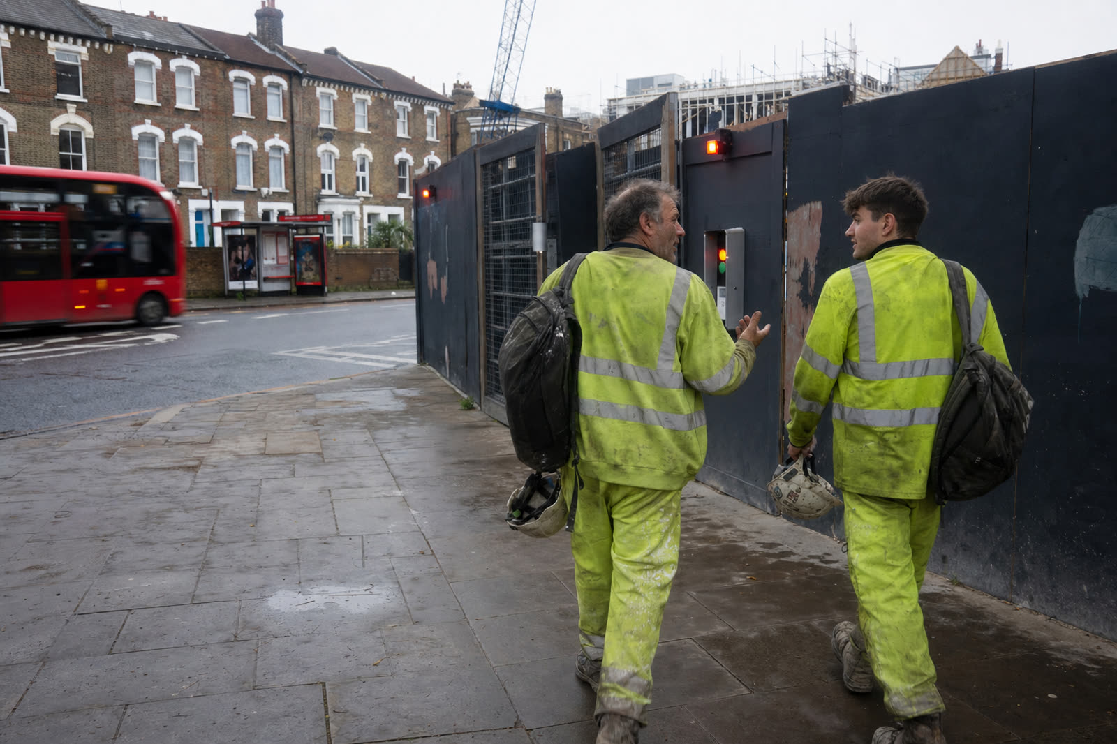 Two workers leaving a London site at the end of a shift
