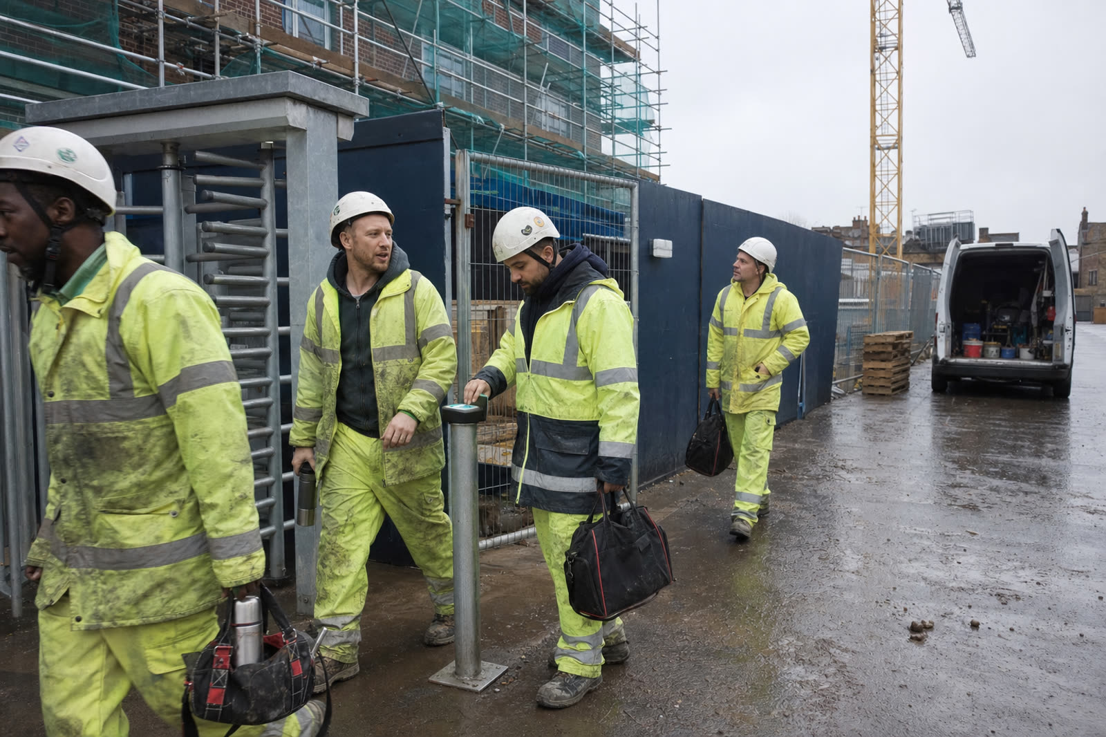 Workers signing in at a London site gate on a wet morning